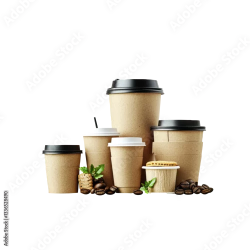Fototapeta Assorted coffee cups, various sizes, on white background, coffee beans, cookies