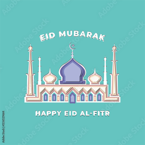 ector illustration of a beautiful mosque with "Eid Mubarak" and "Happy Eid Al-Fitr" text. Perfect for Islamic celebrations, greetings, and festive designs.