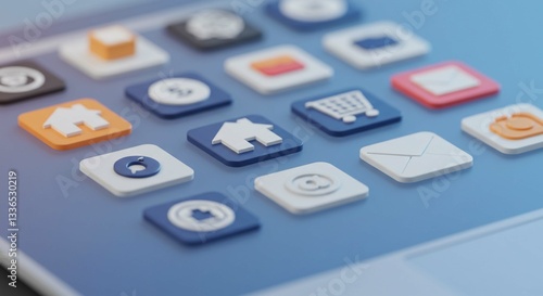 Close-up of a grid of 3D application icons on a modern smartphone or tablet screen.