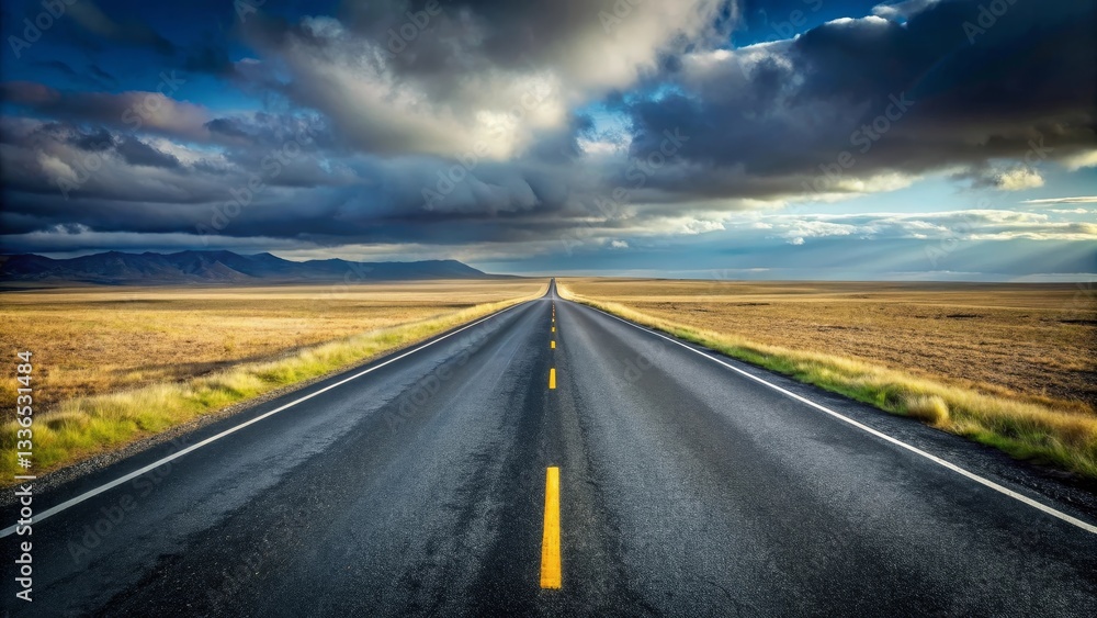 Naklejka premium Asphalt ribbon stretching towards a dramatic, sun-drenched sky over a vast, golden plain