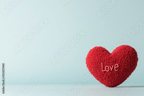 Bright red heart shaped decoration with the word Love on a pastel blue background, symbolizing affection, romance, and passion Perfect for Valentine s Day