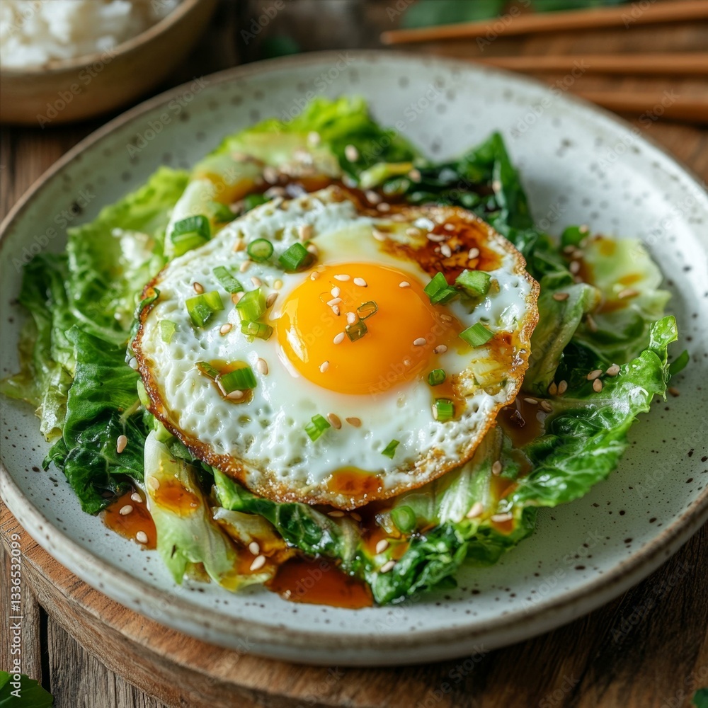 Sunny Side Up Egg Nestled on Vibrant Greens a Culinary Delight with Asian Flair and Freshness Sunny Side Up Egg Nestled on Vibrant Greens a Culinary Delight with Asian Flair and Freshness