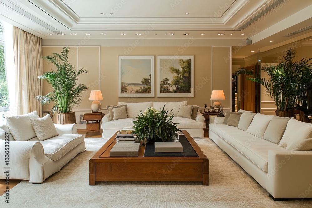 Fototapeta premium Elegant living room featuring neutral tones, lush plants, and modern furnishings in a spacious setting
