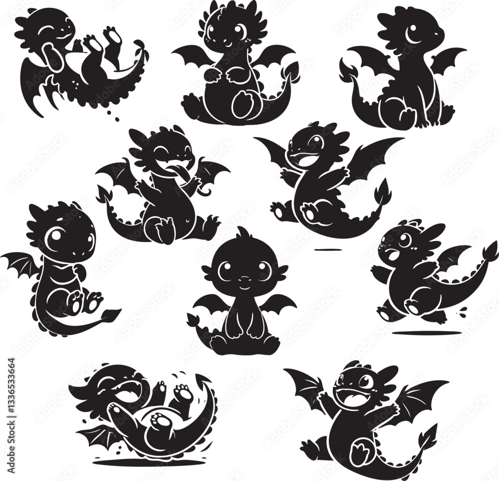 Naklejka premium A collection of adorable baby dragon silhouettes in playful poses. Perfect for children’s designs, fantasy artwork, tattoos, stickers, and digital projects.