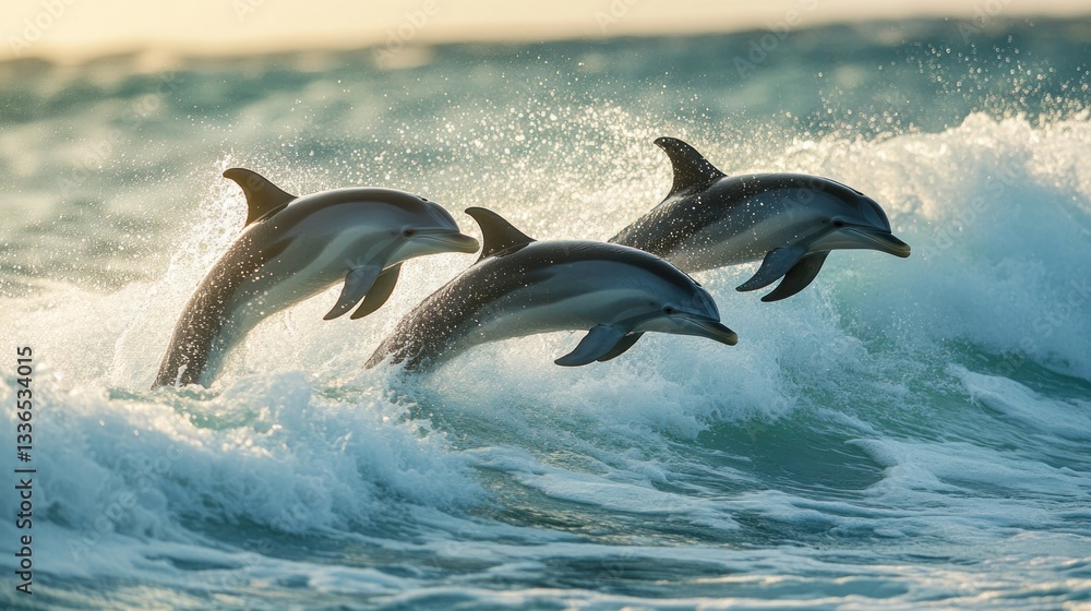 Fototapeta premium A group of dolphins gracefully leaping through ocean waves in perfect synchronicity