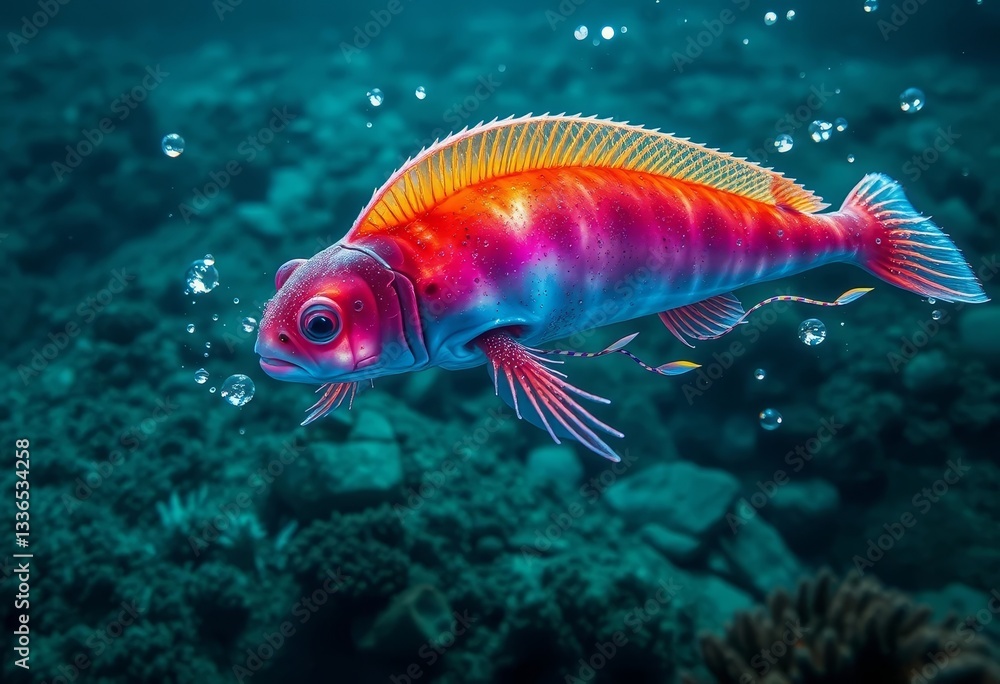 Fototapeta premium Vibrant Aquatic Creature Gliding Through a Deep Ocean Scene with Air Bubbles