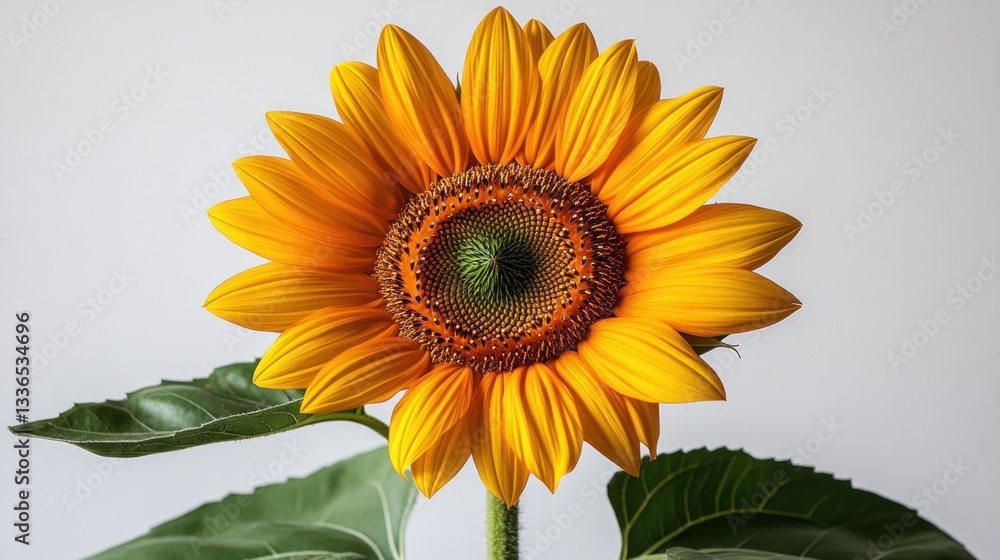 Obraz premium Close-up of a vibrant yellow sunflower with green leaves against a white background.