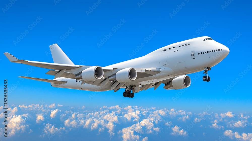 Obraz premium White Airplane Soaring Above Clouds in a Blue Sky