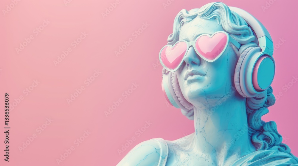 Classical Ancient Greek sculpture with heart-shaped sunglasses and headphones illuminated by vibrant lighting Classical Ancient Greek sculpture with heart-shaped sunglasses and headphones illuminated by vibrant lighting