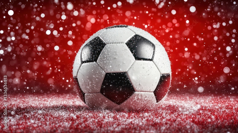 Fototapeta premium Soccer ball on snowy red background.
