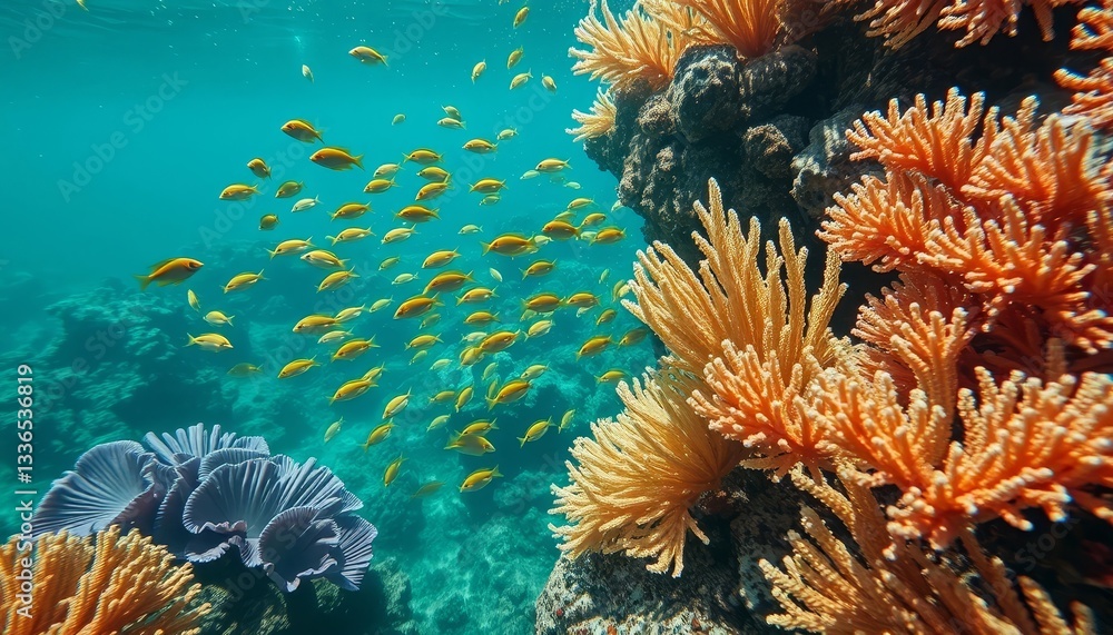 Obraz premium Vibrant Underwater Scene Featuring a School of Yellow Fish and a Variety of Coral Formations in a Clear Ocean