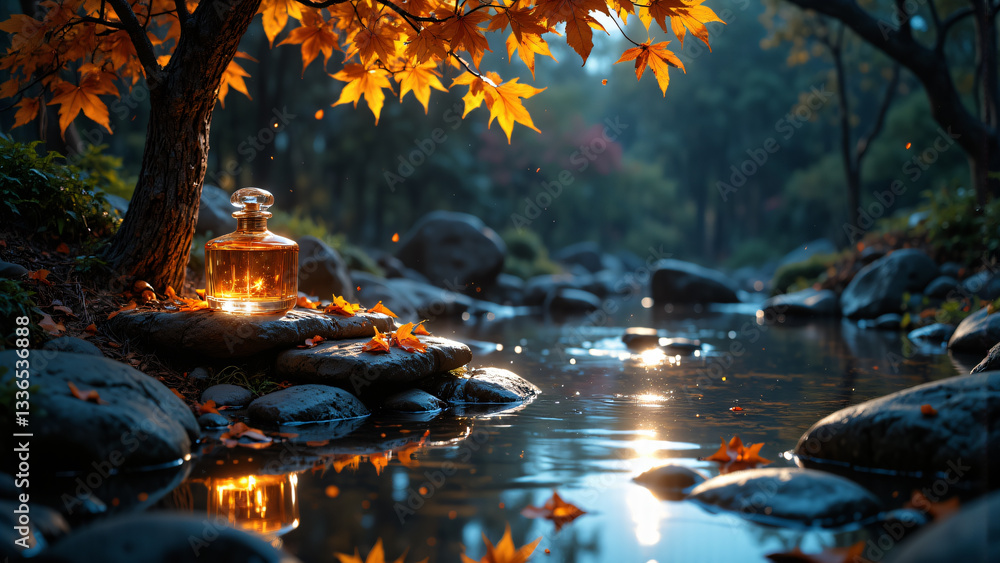 A tranquil autumn scene depicts a gentle river flowing through a serene forest, adorned with golden leaves. A warm lantern casts a soft glow on the riverbank, reflecting on the calm water. A tranquil autumn scene depicts a gentle river flowing through a serene forest, adorned with golden leaves. A warm lantern casts a soft glow on the riverbank, reflecting on the calm water.