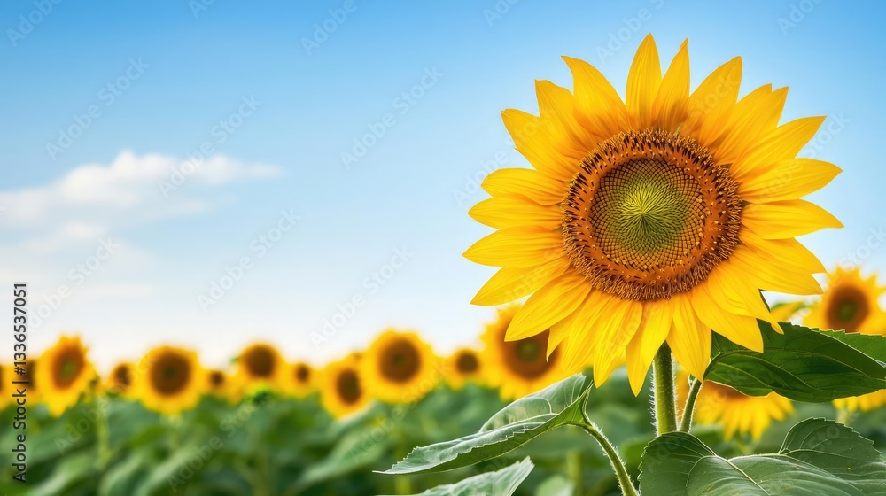 Obraz premium Vibrant sunflower blooming in a field with a clear blue sky in the background, symbolizing summer and natural beauty.