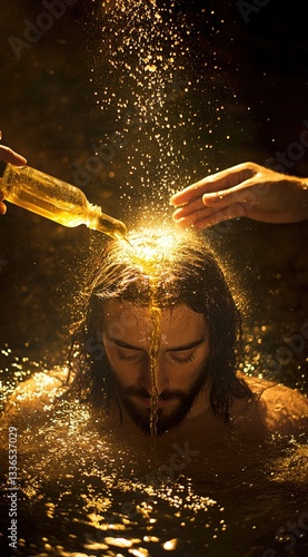 Jesus being baptized in water with long hair, pouring oil on his head by two people holding a bottle of olive oil. 