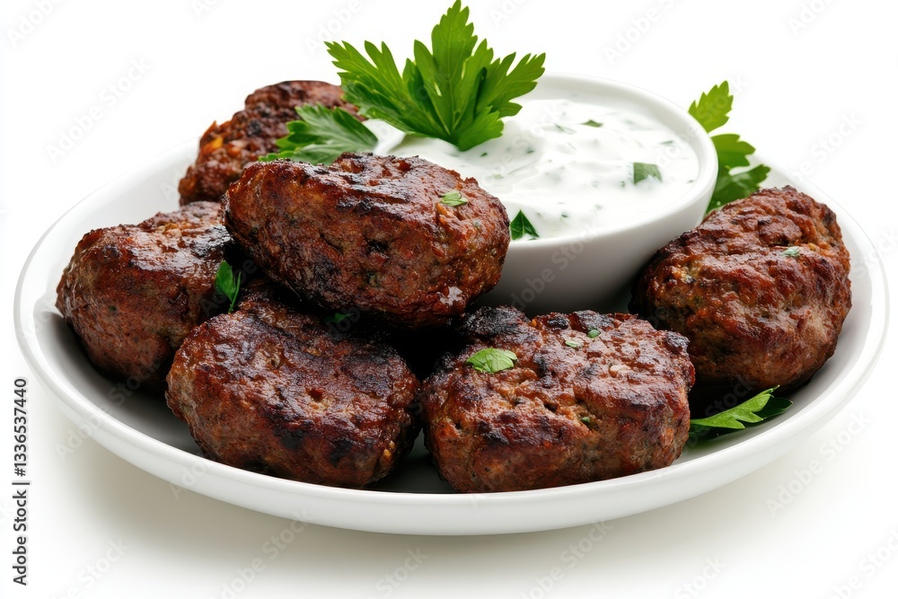 Delicious Grilled Meatballs with Herb Dip on White Plate for Gourmet Culinary Presentation Delicious Grilled Meatballs with Herb Dip on White Plate for Gourmet Culinary Presentation