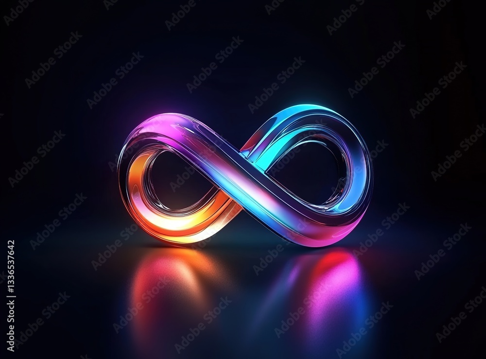 3D render of a colorful infinity symbol on a dark background, with glowing light effects and lines. 3D render of a colorful infinity symbol on a dark background, with glowing light effects and lines.