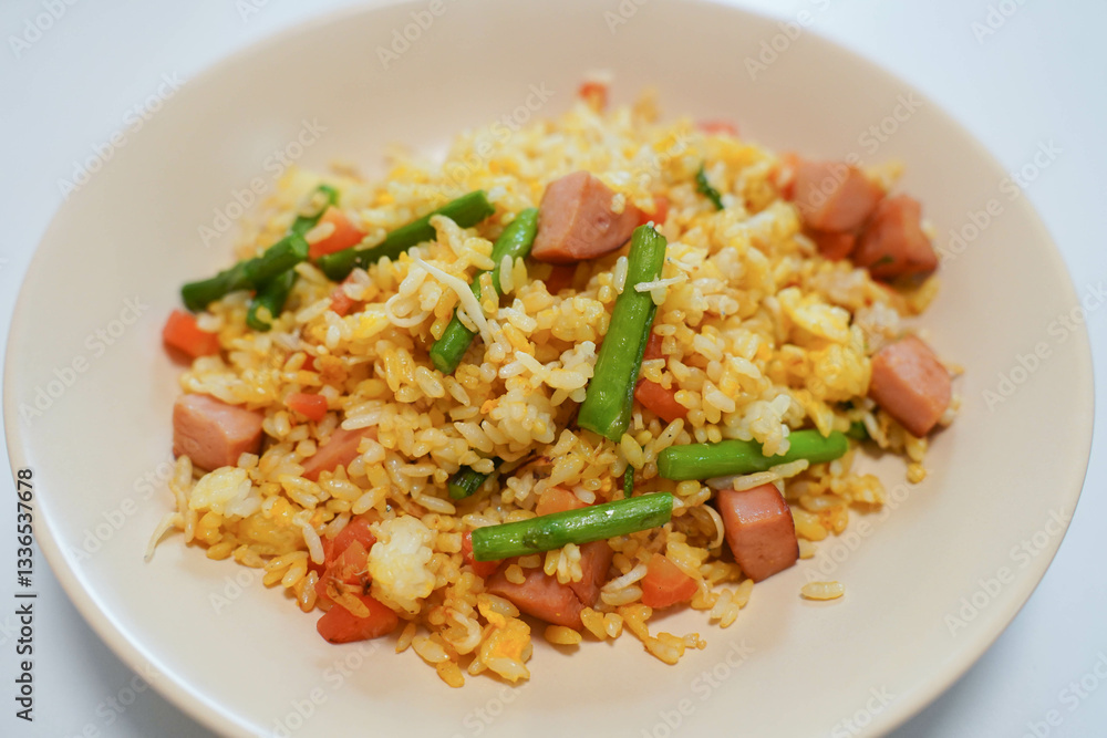 Fried rice with egg, carrots and ham sausage. A plate of special fried rice. Staple food in China..