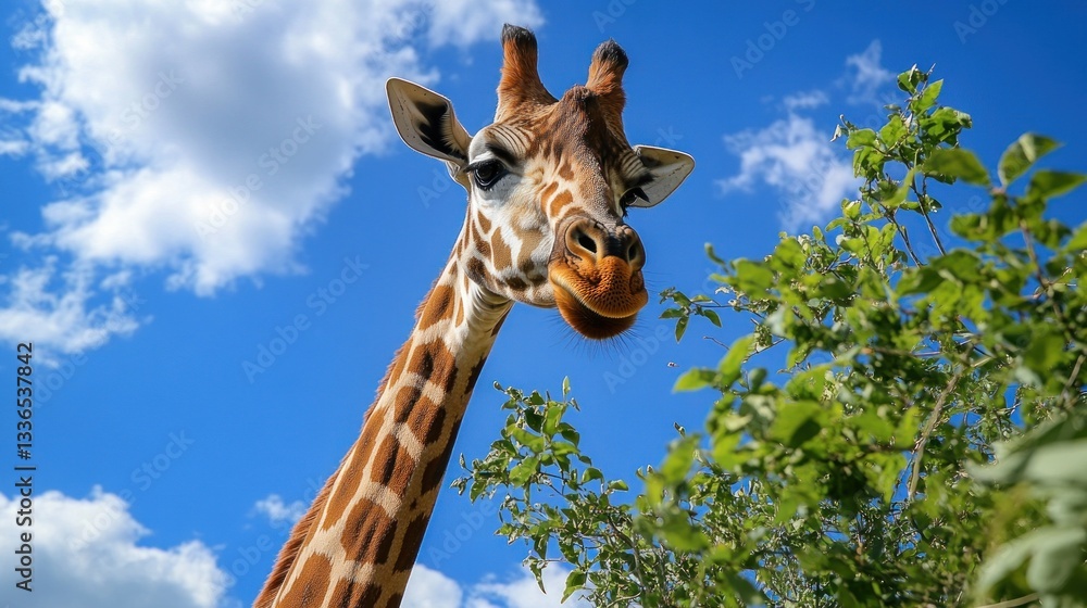 Fototapeta premium Towering giraffe stretching its neck to reach the lush green leaves against sky