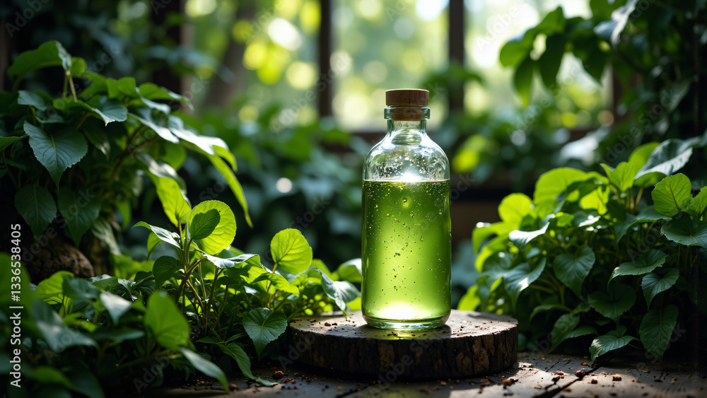 A glass bottle with green liquid is placed among vibrant green foliage, creating a natural and organic atmosphere. A glass bottle with green liquid is placed among vibrant green foliage, creating a natural and organic atmosphere.