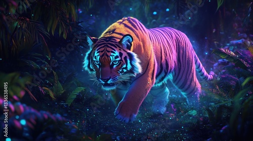 Wallpaper Mural Neon tiger prowls through a glowing jungle with vibrant and captivating light Torontodigital.ca
