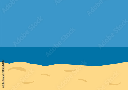 Summer landscape, sea and beach on a sunny day, sandy beach in the foreground and sea with sky in the background in bright colors - vector background for design of banners, website, postcards