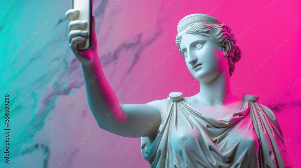 Fototapeta premium White classical ancient goddess statue looking at smartphone or making a selfie against vibrant background