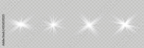 Glow isolated white transparent starlight effect set, lens flare, explosion, line, sun flash, glitter, spark and stars. Abstract special effect element design. Shine ray with lightning