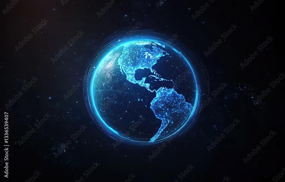 A glowing blue planet Earth with light lines and dots on a black background, a futuristic technology video animation background. A glowing blue planet Earth with light lines and dots on a black background, a futuristic technology video animation background.