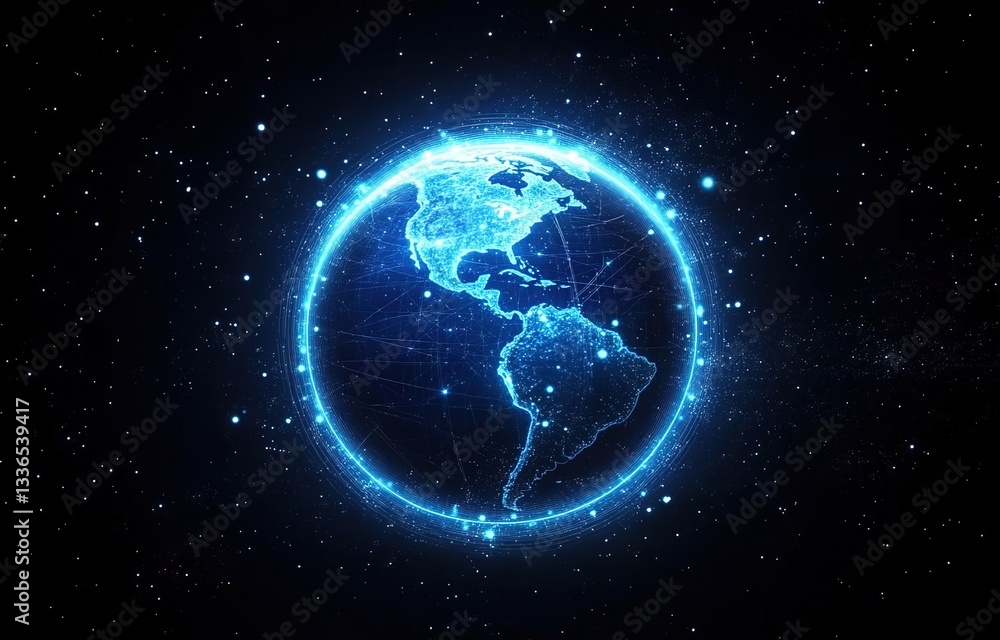 A glowing blue planet Earth with light lines and dots on a black background, a futuristic technology video animation background. A glowing blue planet Earth with light lines and dots on a black background, a futuristic technology video animation background.