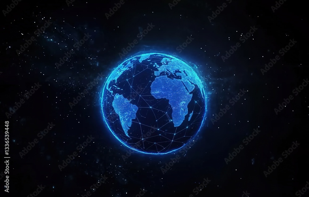 Fototapeta premium A glowing blue planet Earth with light lines and dots on a black background, a futuristic technology video animation background.