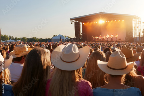 Crowd in cowboy hats enjoying outdoor country music festival with stage and performers at sunset