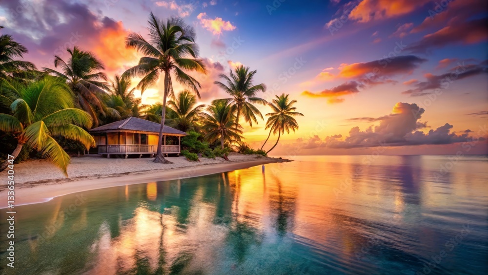 Serene Tropical Beach Bungalow at Sunset with Palm Trees and Calm Ocean Waters Serene Tropical Beach Bungalow at Sunset with Palm Trees and Calm Ocean Waters