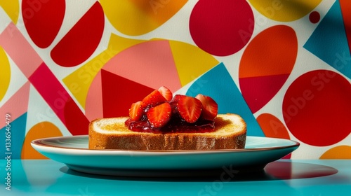 oast with Strawberry Jam on a Geometric Patterned Wallpaper  A slice of toast topped with strawberry jam placed on a plate, set against a vibrant, geometric-patterned wallpaper of circles.