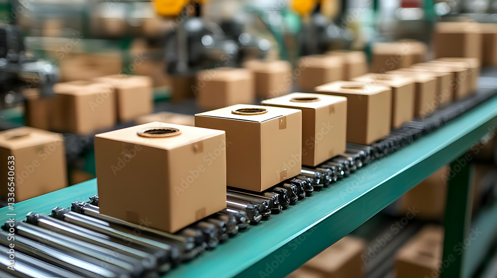 Cardboard boxes on conveyor belt in automated factory warehouse production line manufacturing process Cardboard boxes on conveyor belt in automated factory warehouse production line manufacturing process