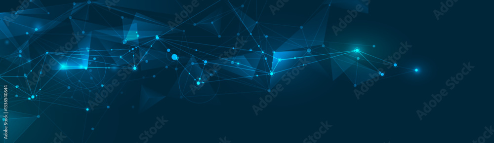Obraz premium Vector Abstract molecule, internet network connection design for web site. Network Connected lines, dots, technology on blue background. Digital data, communication, cyberspace, futuristic concept