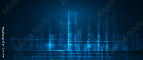 Vector illustration architecture, cityscape with cyber space, neon light. Modern hi-tech, science, data - datum futuristic technology concept. Abstract digital city, innovation design for background