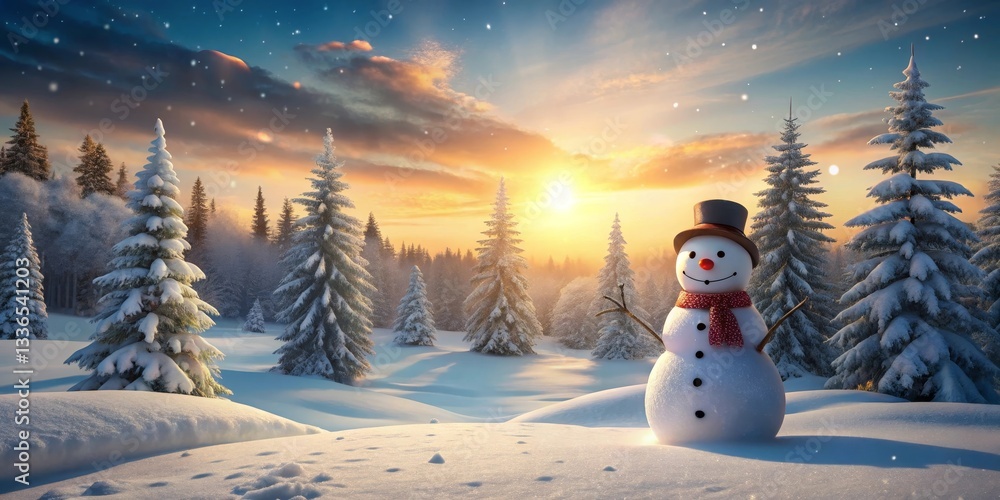 Obraz premium A cheerful snowman stands in a winter wonderland, amidst snow-covered evergreen trees, bathed in the warm glow of a picturesque sunset.