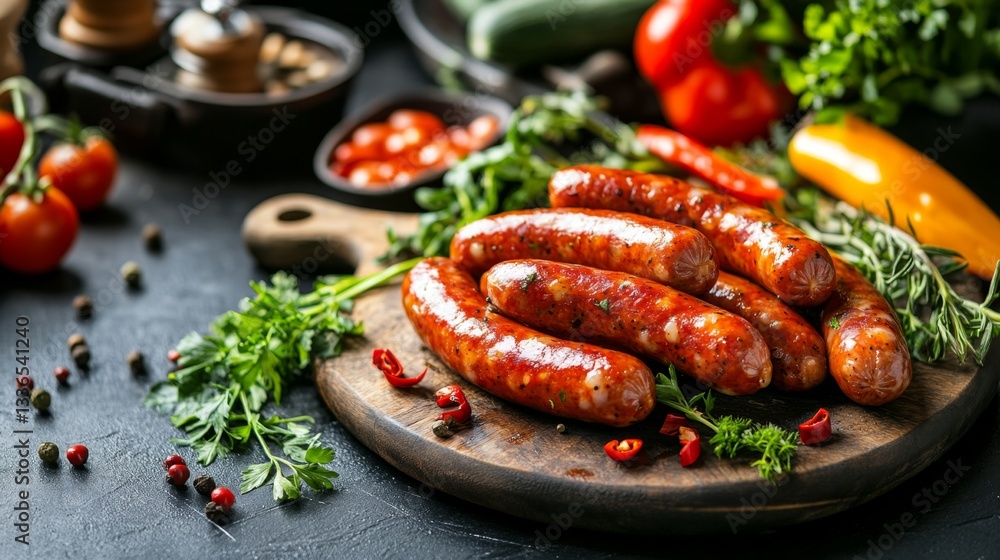Smoked Sausages on a Cutting Board with Kitchen Ambiance. Smoked Sausages on a Cutting Board with Kitchen Ambiance.
