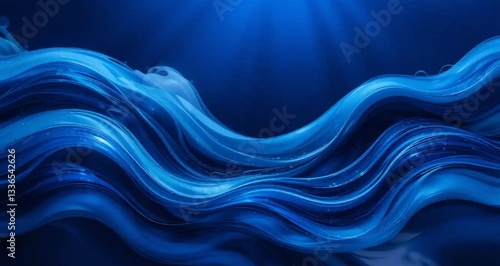 A deep blue ocean-inspired abstract background with fluid, wave-like patterns, resembling underwater currents and the tranquility of the sea