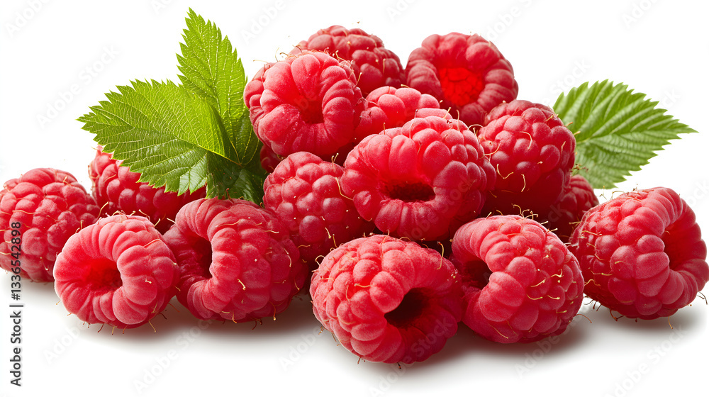 Fresh, vibrant raspberries with green leaves create delightful and appetizing display, perfect for desserts or healthy snacks Fresh, vibrant raspberries with green leaves create delightful and appetizing display, perfect for desserts or healthy snacks