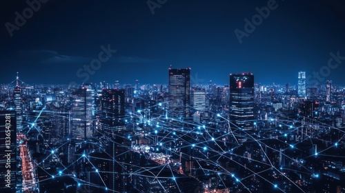 Night city skyline connected by network lines.  Possible use stock photo for technology, future, connectivity, urban landscape