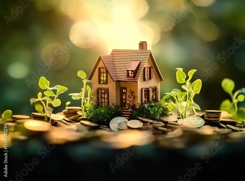 Wallpaper Mural A model house placed on top of coins, surrounded by small green plants and illuminated with warm light. Torontodigital.ca