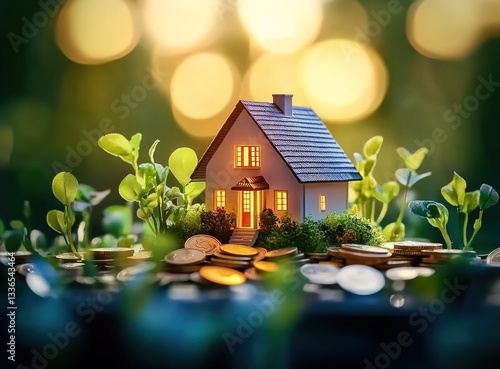 Wallpaper Mural A model house placed on top of coins, surrounded by small green plants and illuminated with warm light. Torontodigital.ca