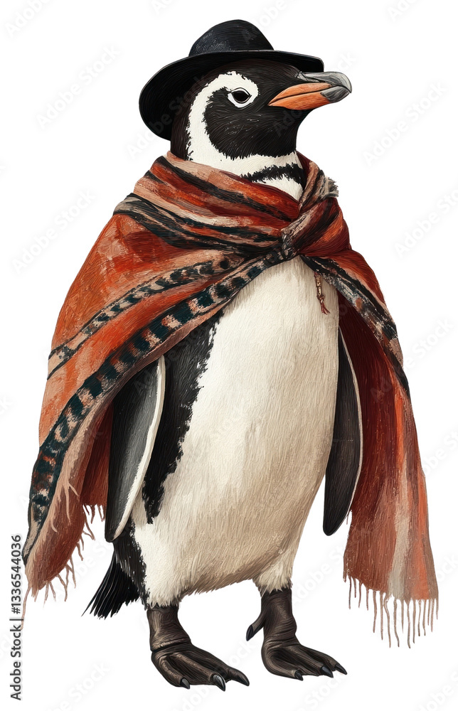 Naklejka premium PNG Penguin in an Argentinian gaucho outfit with a poncho penguin animal clothing.