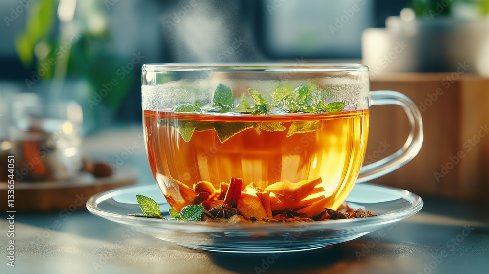 warm cup of herbal tea with spices and mint leaves warm cup of herbal tea with spices and mint leaves