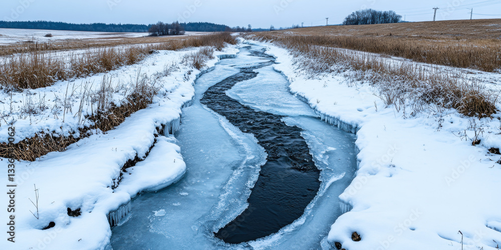 Snow pastel, Frozen stream winding through a snowy landscape. Snow pastel, Frozen stream winding through a snowy landscape.