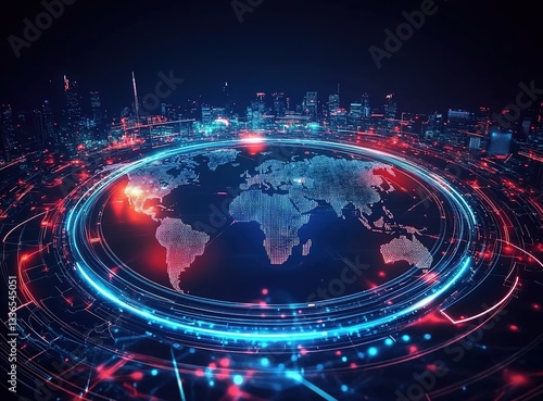 Abstract digital world map surrounded by glowing light rings, symbolizing global connectivity and technology's impact on the planet.