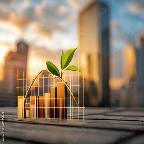 A growth chart with a green plant symbolizes sustainable development and economic progress in an urban setting.