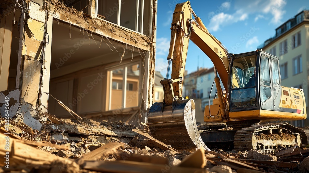 Fototapeta premium A construction excavator demolishing a building amidst debris, showcasing urban development and machinery in action under a clear blue sky.