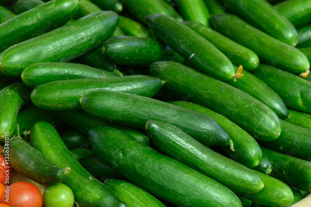 Fresh green cucumbers stacked together under natural light in a vibrant marketplace showcasing local produce Fresh green cucumbers stacked together under natural light in a vibrant marketplace showcasing local produce